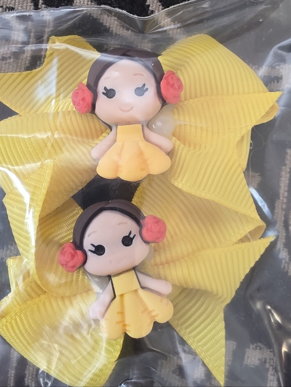 Yellow Bow Hair Clips with Cute Doll Accents